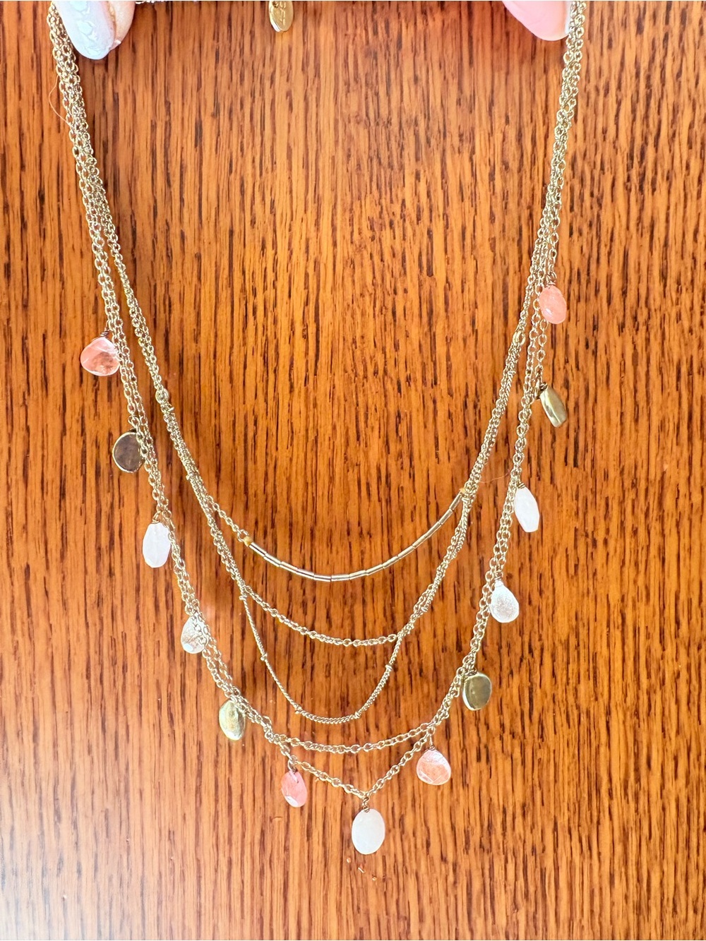 Vintage Loft Multi-Strand Gold Layered Necklace with Pink and White Briolettes